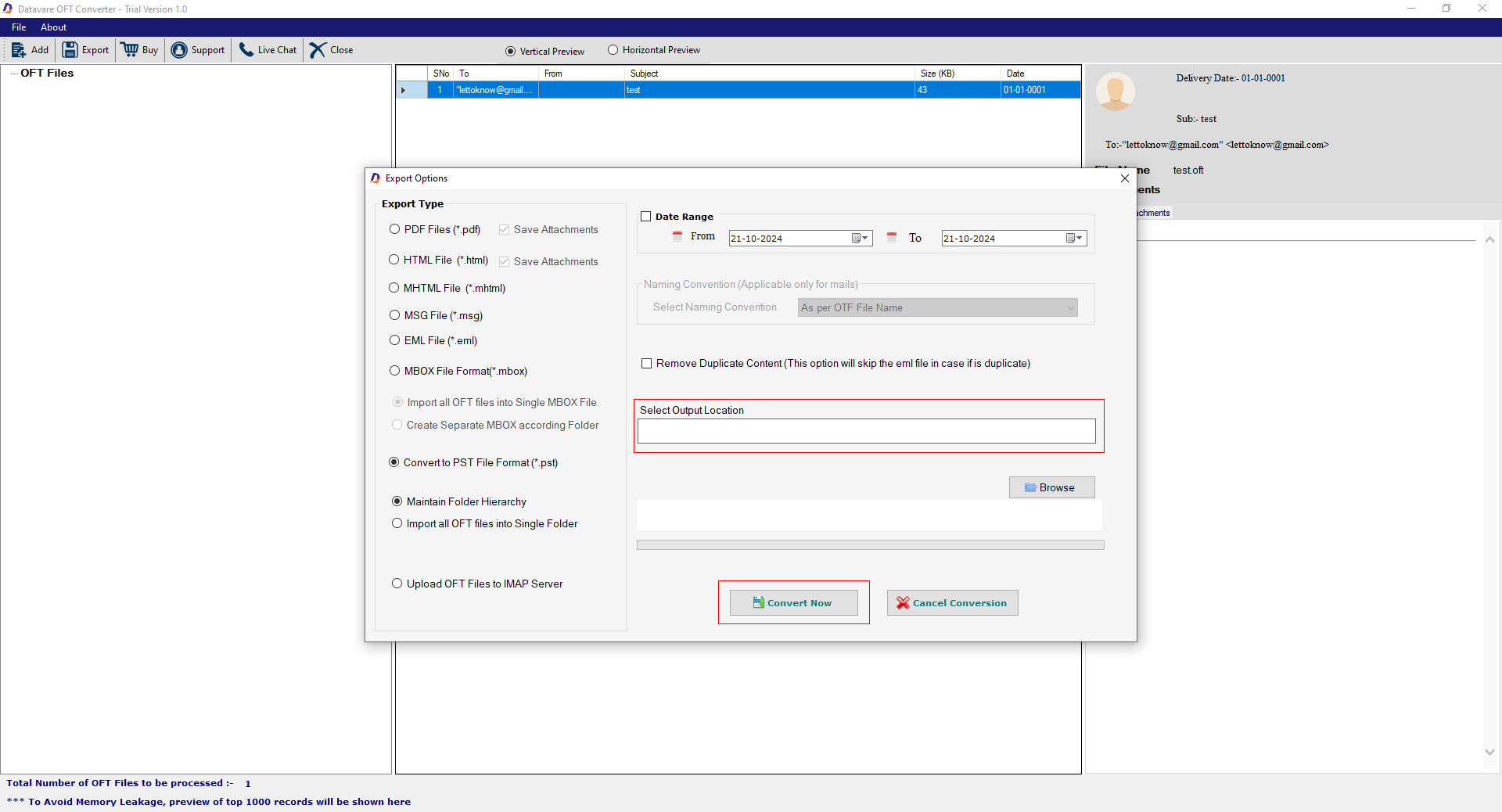 DataVare OFT to MSG Converter Expert Screenshot