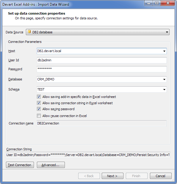 Devart Excel Add-In for DB2 Screenshot
