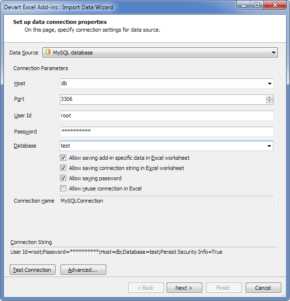 Devart Excel Add-In for MySQL Screenshot