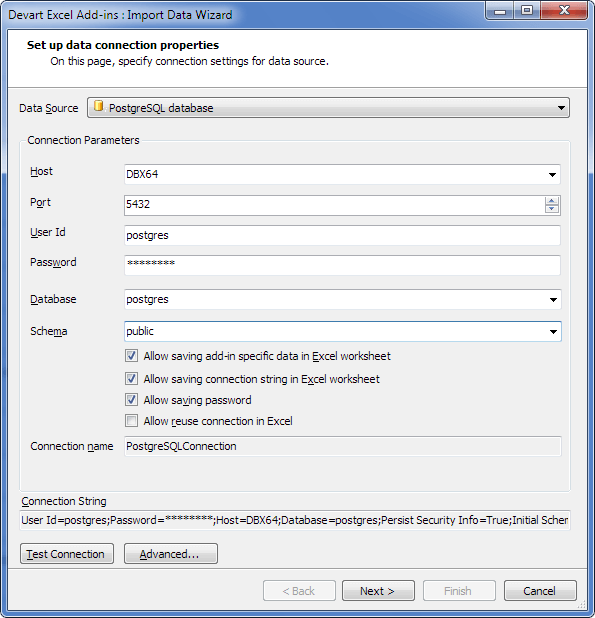 Devart Excel Add-In for PostgreSQL Screenshot