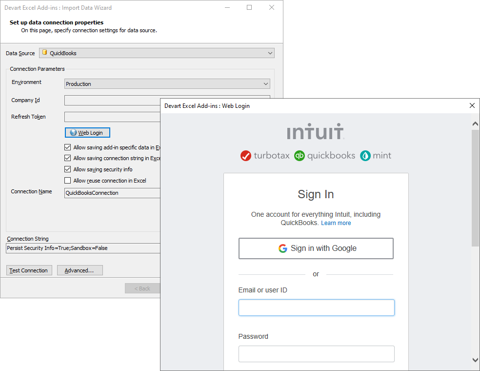 Devart Excel Add-In for QuickBooks Online Screenshot