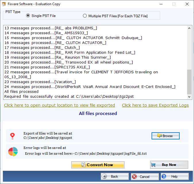 FixVare TGZ to PST Converter Screenshot