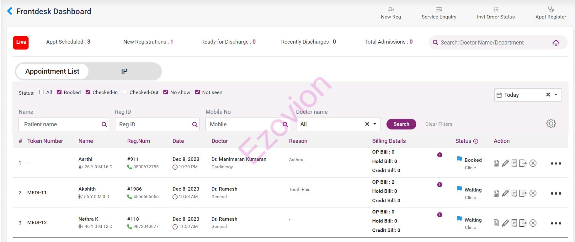 Ezovion Hospital Management Software Screenshot