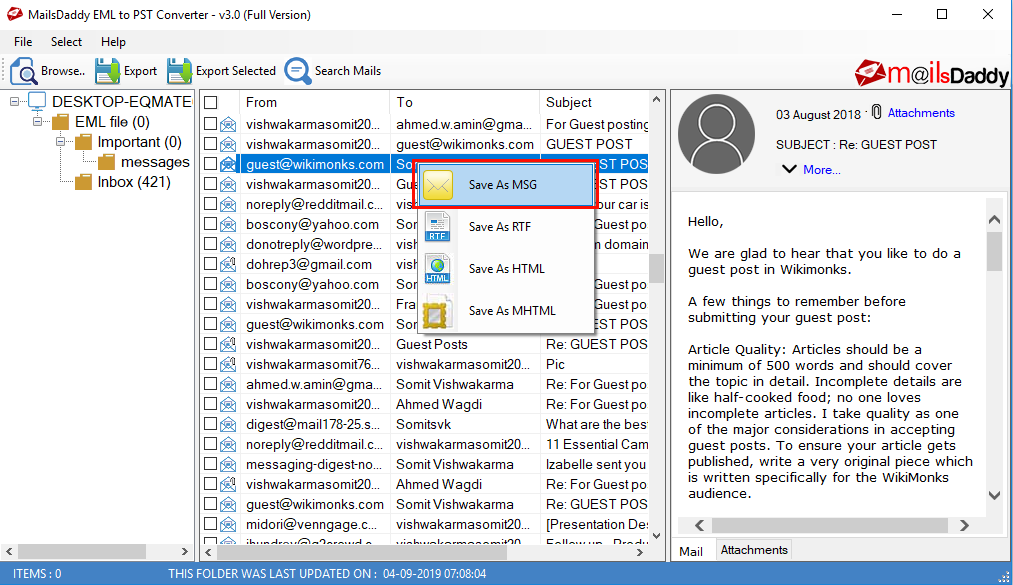 MailsDaddy EML to PST Converter Tool Screenshot