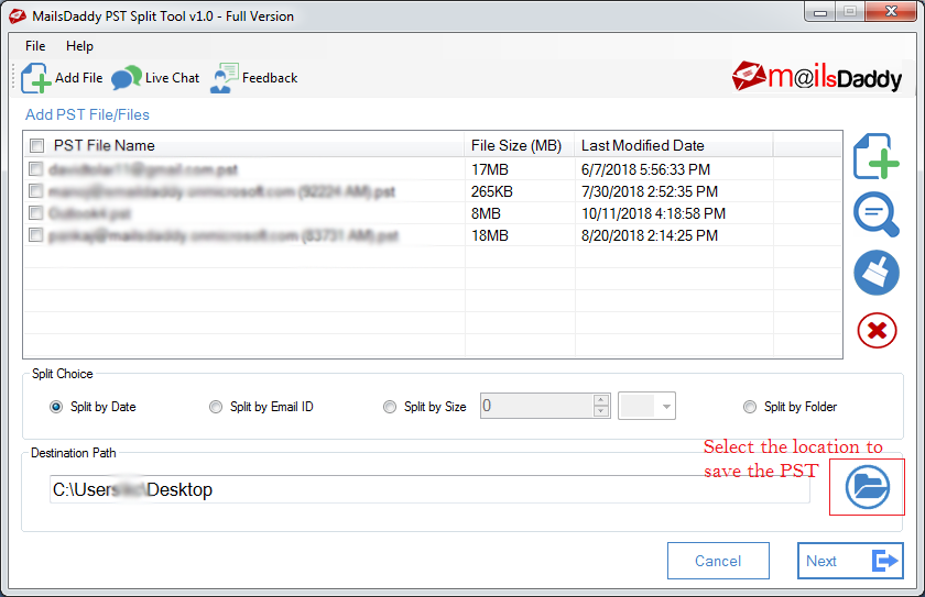 MailsDaddy PST Split Tool Screenshot