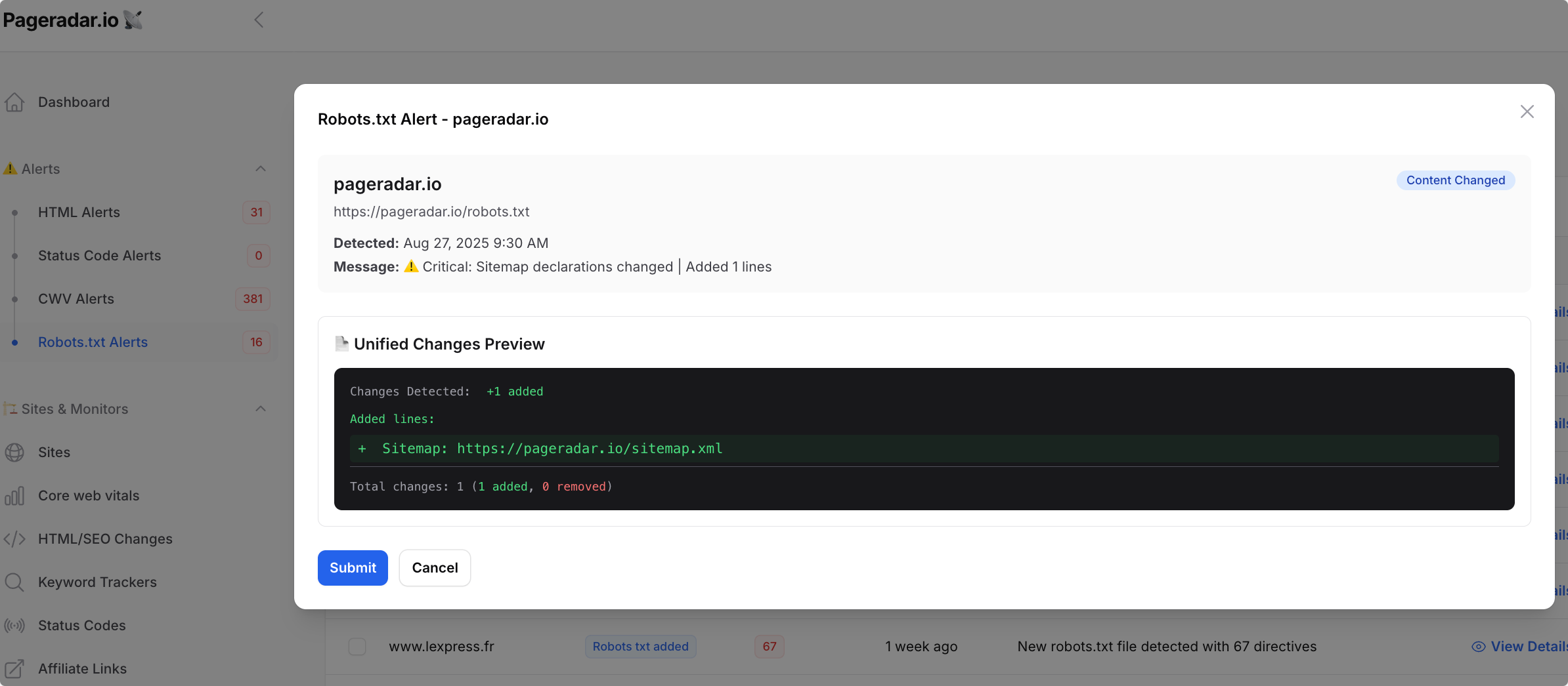 Pageradar Screenshot