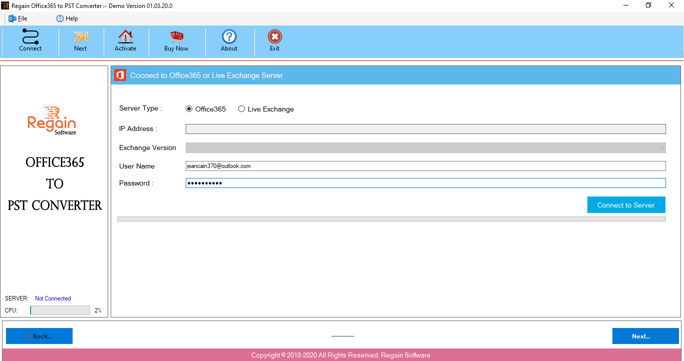 Regain Office 365 Email Backup Tool Screenshot