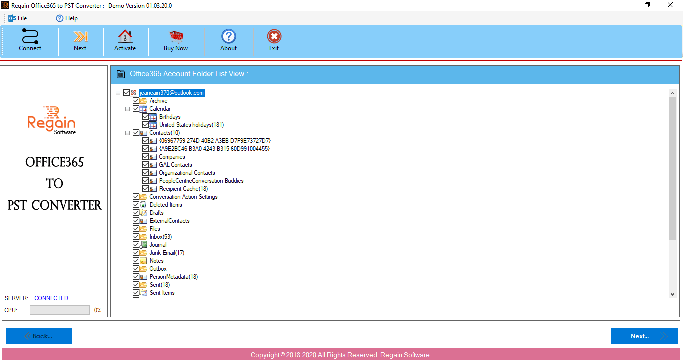 Regain Office 365 Email Backup Tool Screenshot