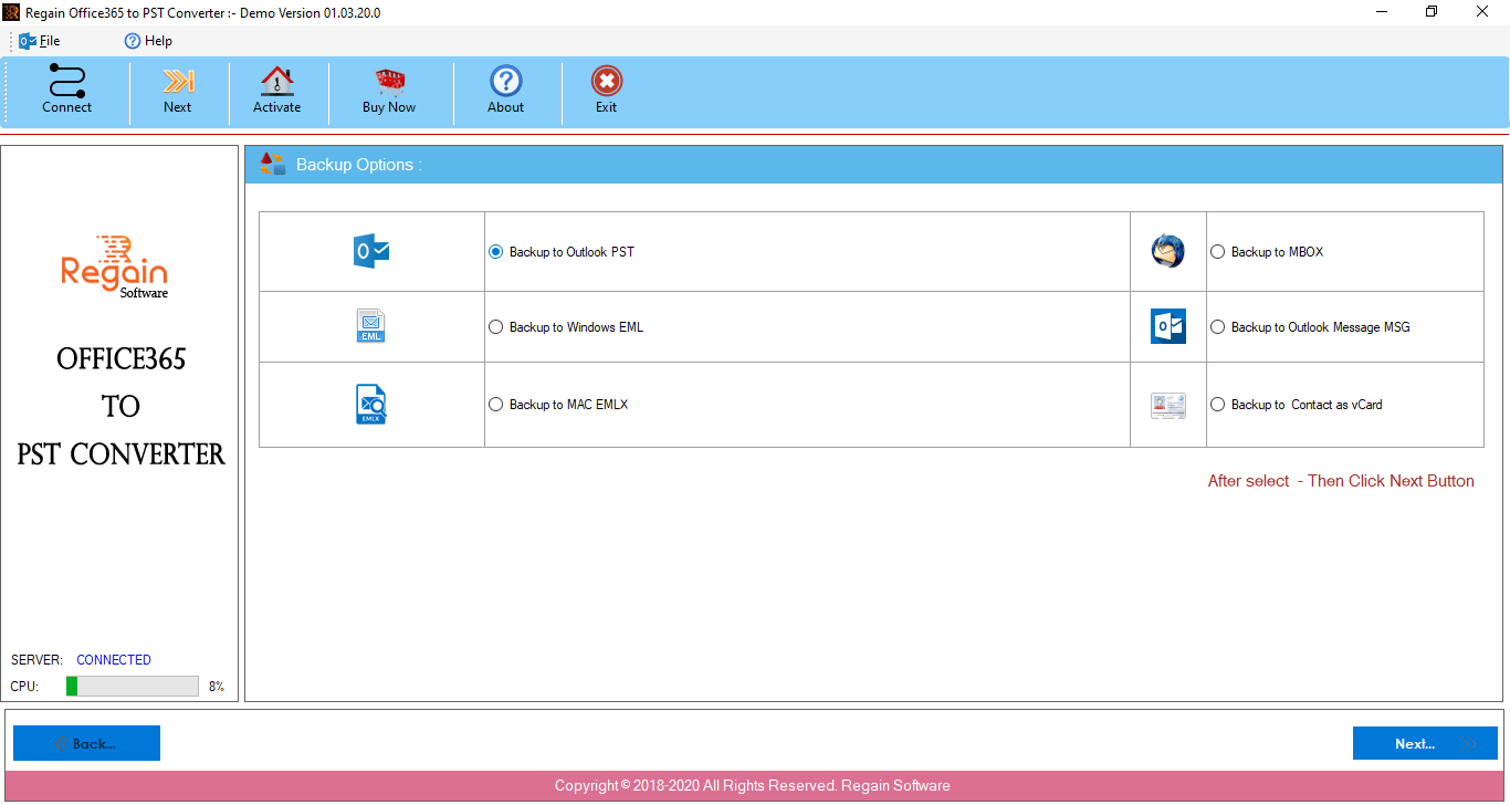 Regain Office 365 Email Backup Tool Screenshot