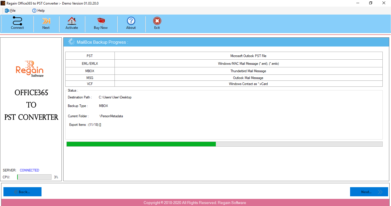 Regain Office 365 Email Backup Tool Screenshot