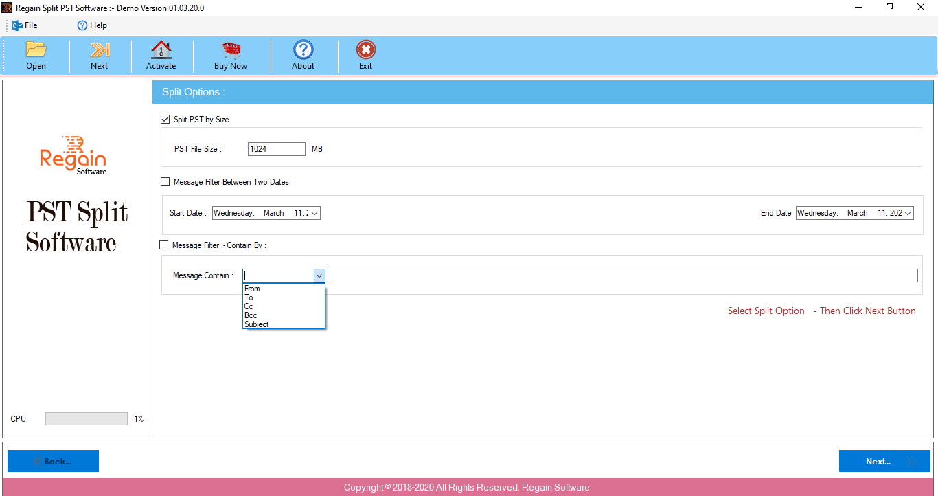 Regain PST Splitter Screenshot