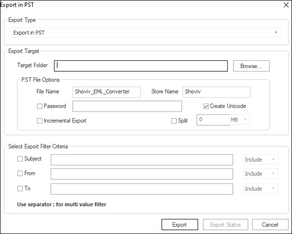 Shoviv EML to PST Converter Tool Screenshot