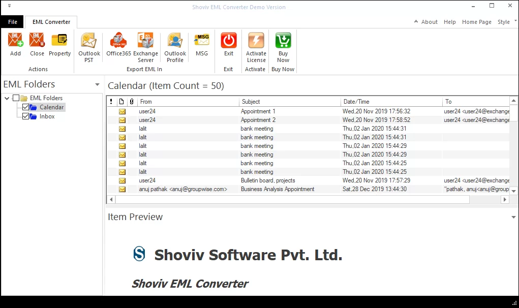 Shoviv EML to PST Converter Tool Screenshot