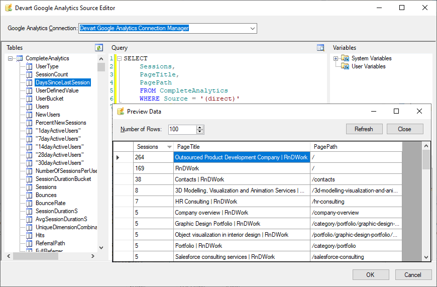 SSIS Data Flow Components for Google Analytics screenshot & Video