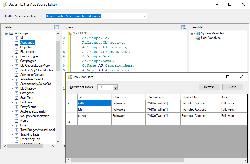 SSIS Data Flow Components for Twitter Ads Screenshot