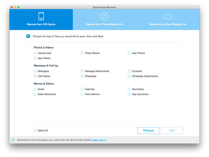 Syncios iOS Data Recovery Screenshot