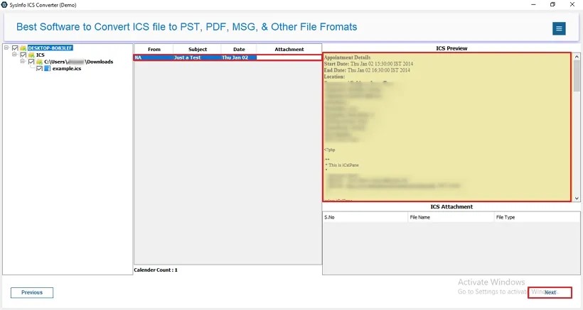 SysInfo ICS Converter Tool Screenshot