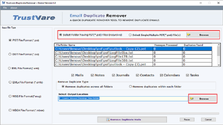 TrustVare PST Duplicate Remover Tool Screenshot