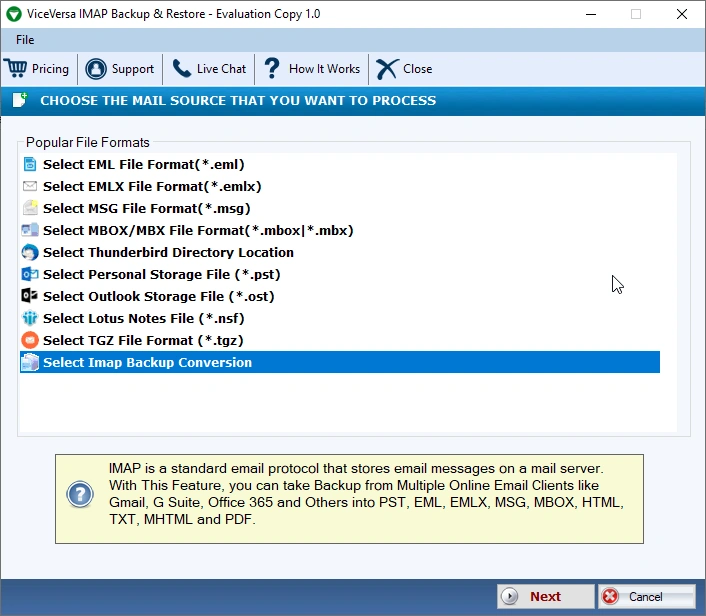 ViceVersa IMAP Backup and Restore Software Screenshot