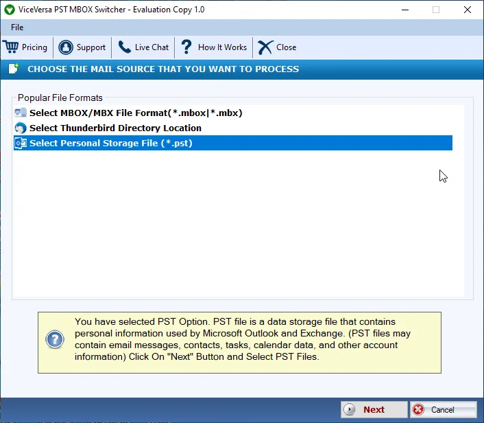 ViceVersa PST to MBOX & MBOX to PST Switcher Screenshot