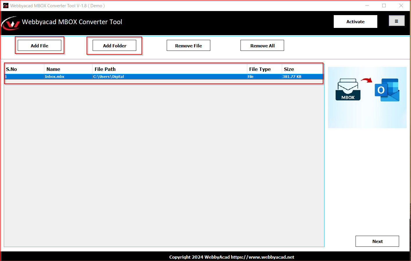 WebbyAcad MBox Converter Tool Screenshot