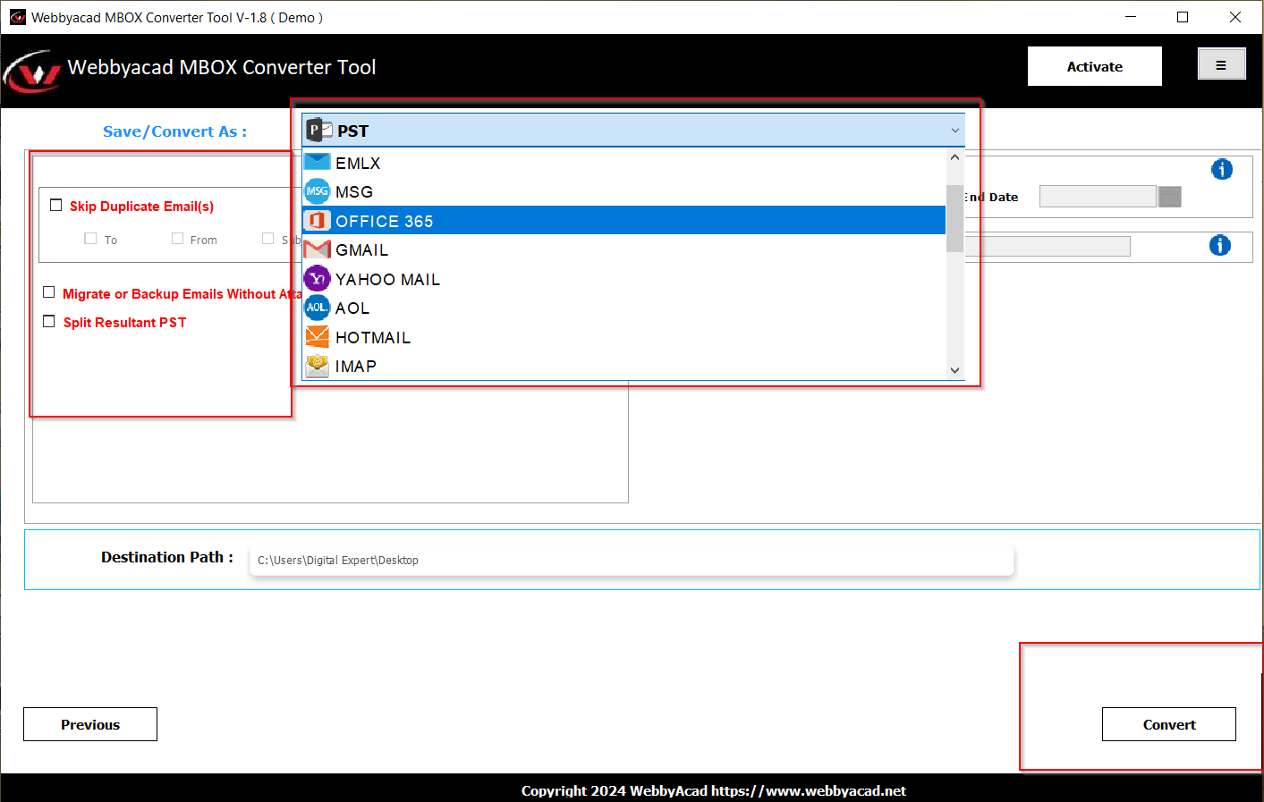 WebbyAcad MBox Converter Tool Screenshot