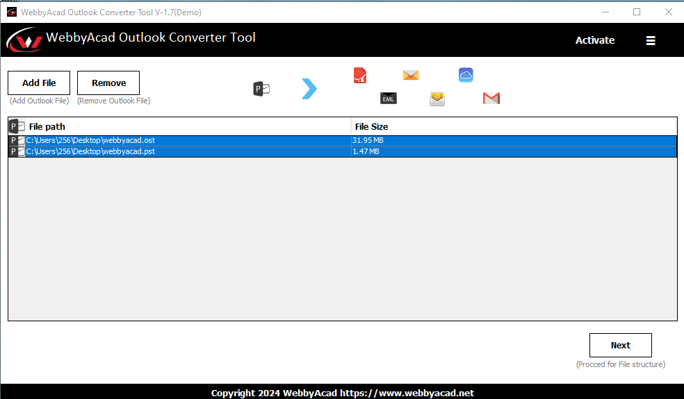 WebbyAcad Outlook converter tool Screenshot