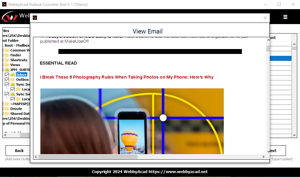 WebbyAcad Outlook converter tool Screenshot