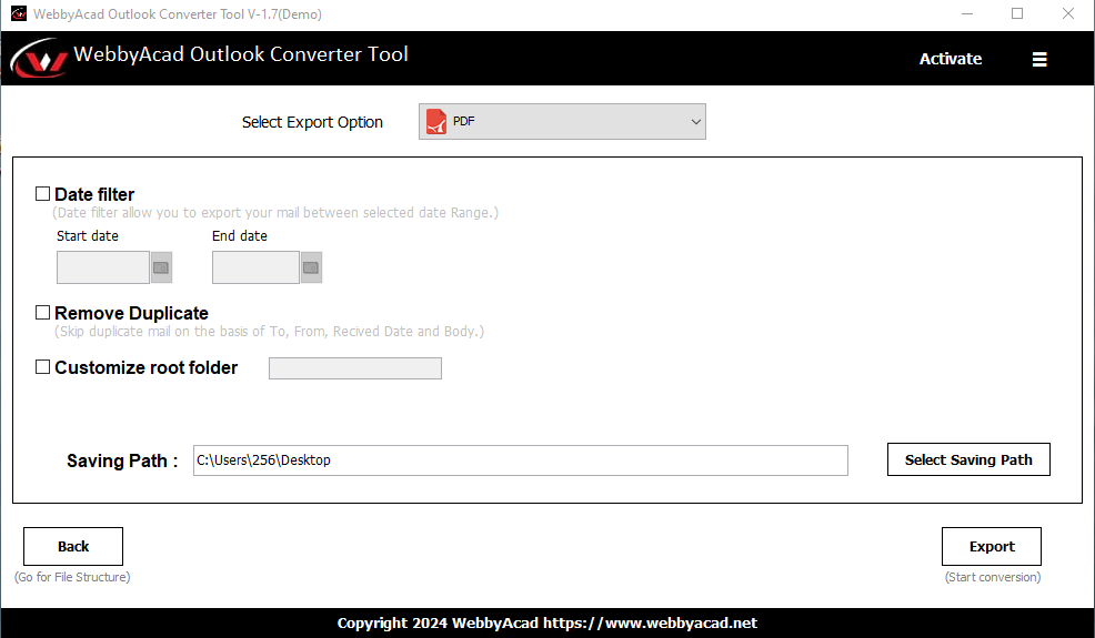 WebbyAcad Outlook converter tool Screenshot