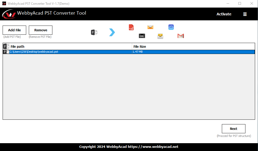 WebbyAcad PST converter tool Screenshot