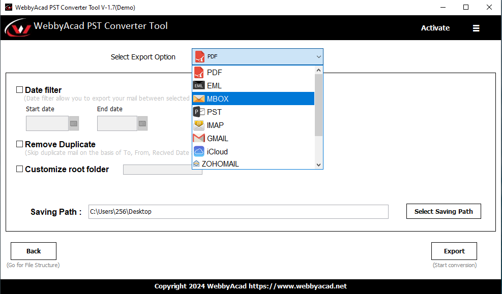 WebbyAcad PST converter tool Screenshot