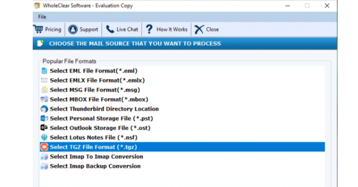 WholeClear TGZ to PST Converter Tool Screenshot